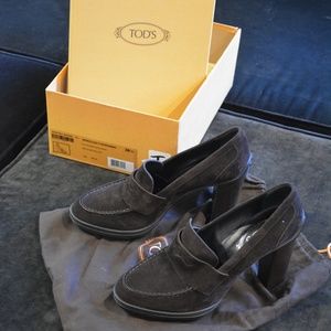 Tod’s high heel suede platform moccasins